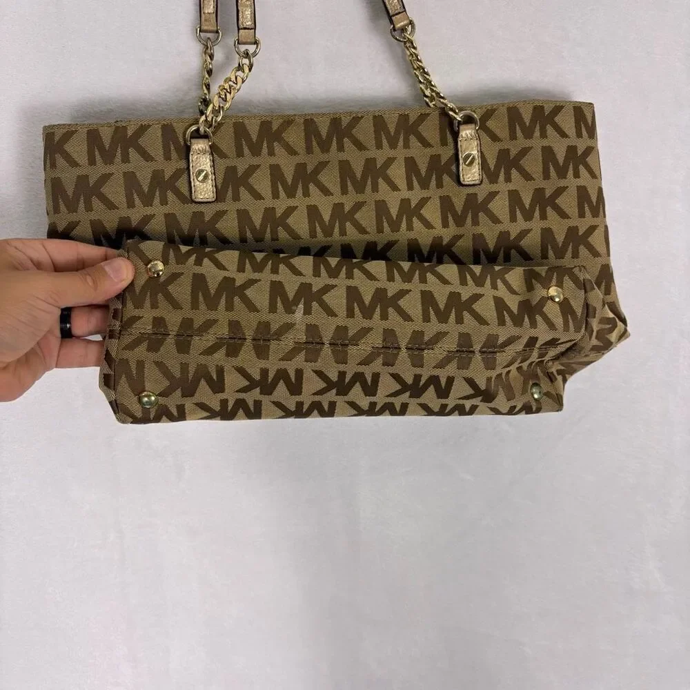 Michael Kors Brown Monogram Large Shoulder Purse with‎ Gold Straps